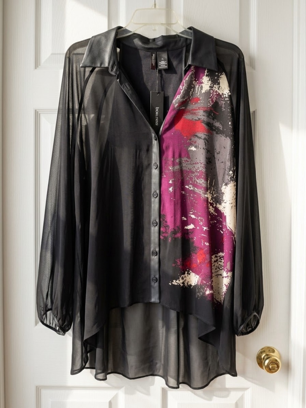 Bisou Bisou Black Sheer Button-Front Blouse with Magenta Abstract Panel